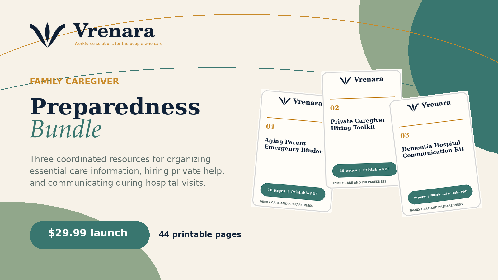 Family Caregiver Preparedness Bundle — three Vrenara family care and preparedness resources shown together.